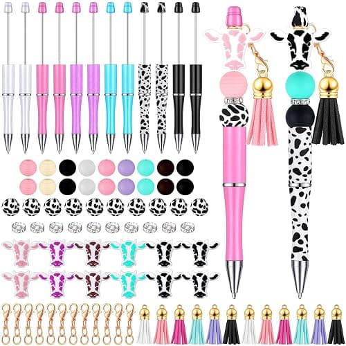 Tinlade 12 Pieces Beadable Pens Bulk with 50 Pcs Assorted Colors Beads Pens DIY Making Kit Multicolor Ballpoint Black Ink for Women Kids Students Office School(Cow Style) - Image 1