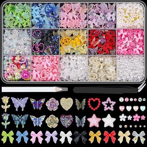 Skriist 1500PCs Multicolor 3D Nail Charms Set for Acrylic Nails Design DIY Decoration, Assorted Heart Star Rose Butterfly Cute Nail Jewels Nail Art Rhinestones with Pickup Tool - Image 1