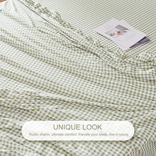 kisswish Gingham Queen Sheet Set, Lightweight Super Soft Brushed Microfiber Plaid Bed Sheets with 16" Deep Pocket, 4 Piece Ruffle Farmhouse Bedroom Decor, Sage Green thumbnail 6