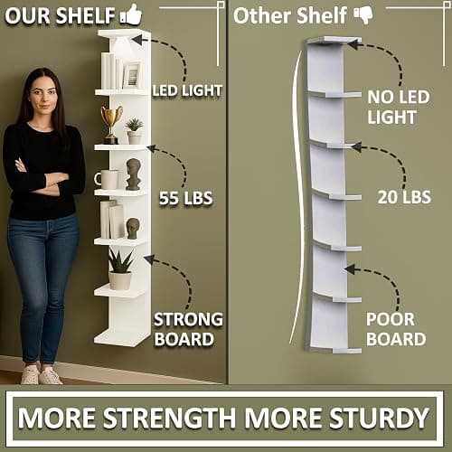 Home Stuff Wall Shelf Unit, 11 3/4x74 3/4,Use Fixing Devices Suitable for The Walls in Your Home, 7 Tier Vertical Lack Wall Shelves, Column Shelf Organizer & Storage for Bedroom(2 x White with LED) thumbnail 5
