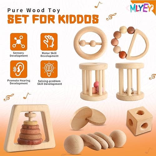Wooden Baby Toy 8pcs, Montessori Toys for Babies 1-3 Years Old, Wooden Rattles Toy Set for Infant Grasping, Sensory Development, Gift for Baby Boys Girls (Natural Wood) thumbnail 5