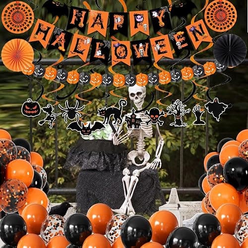 Happy Halloween Trick or Treat Banner Paper Fan Balloons & Swirl Streamers Goul Bat Cat Bird Ghost Pumpkin Lantern for Party Decorations thumbnail 7