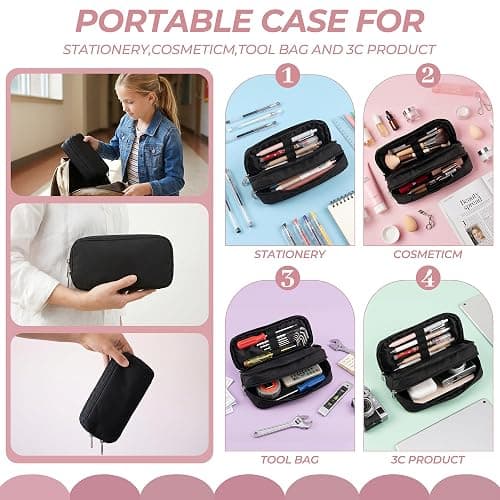 Della Gao Large Pencil Case, Big Capacity Pencil Pouch with 2 Compartments, Office Pencil Bag with Zipper, Big Pen Case for Adults (01-Black) thumbnail 4