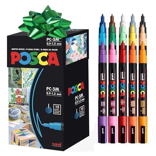 uni Posca Top Selling Paint Markers, 3M Fine Point Acrylic Paint Pens with Reversible Tips, Artist Recommended For Gifts, Decorations, Fabric, Metal, Glass, Wood and Canvas, Set of 15 - Image 1