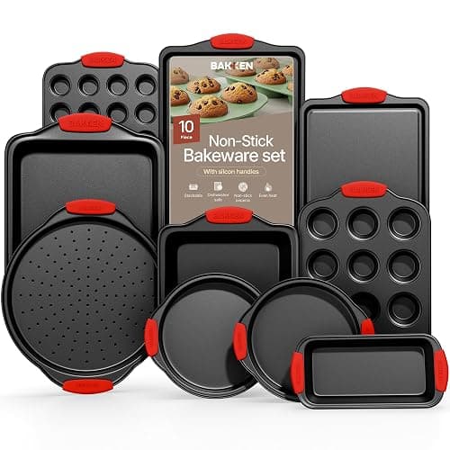 Baking Set – 10 Piece Kitchen Oven Bakeware Set – Deluxe Non-Stick Blue Coating Inside and Outside – Carbon Steel – Red Silicone Handles – PFOA PFOS and PTFE Free by Bakken,Black - Image 1