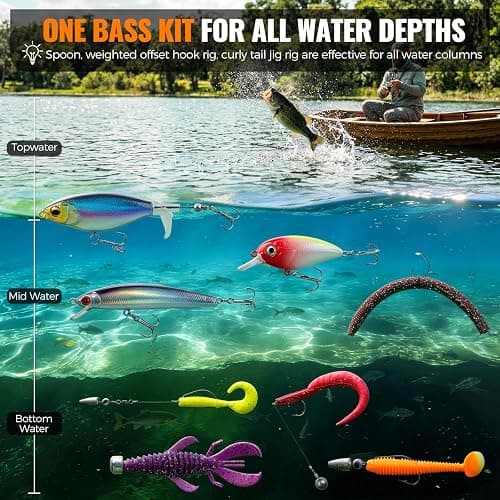 PLUSINNO Bass Fishing Lures Tackle Box Kit for All Water, 307 pcs | Pro Bass Fishing Gear Kit, for Freshwater Lake, Largemouth Bass, 6 Pre-rigged Jigs, Fishing Lure Set Gifts for Men Beginners thumbnail 2