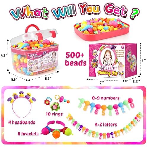 FUNZBO 520+ Snap Pop Beads - Jewelry Making Kit for Kids, Arts and Crafts for Kids Ages 4-8, Toys for 3 4 5 6 Years Old Girls Christmas Birthday Gifts Ideas, Bracelet Necklace Ring Snap Set for Girls thumbnail 3