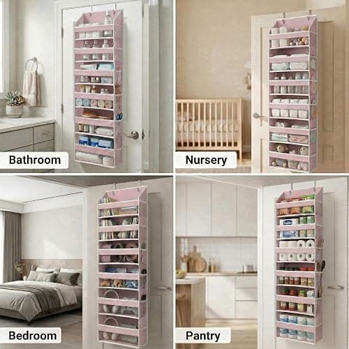 HOMELUX THEORY UPGRADED 6 Tiers Over The Door Organizer Hanging - 100D EXTRA THICK & 50lbs HUGE CAPACITY, 12 Side Mesh Pockets Over The Door Shoe Organizer, Hanging Closet Organizer (Baby Pink, 1pc) thumbnail 5