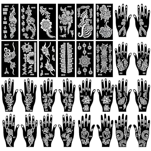 Kotbs 32 Sheets Henna Tattoo Stencils for Hands Forearm Face Paint Body Art, Temporary Glitter Airbrush Flower Tattoo Stencils for Women and Girls Reusable - Image 1