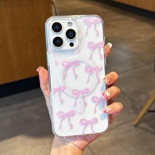 UEEBAI Magnetic for iPhone 15 Pro Max, Glitter Bow Case Compatible with MagSafe, Wireless Slim Sparkly Clear Aesthetic Phone Cover Anti-Yellowing Protective Cover for Women Girl - Glitter Pink - Image 1