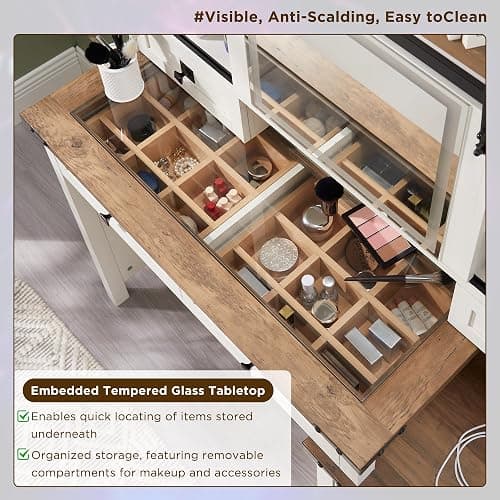T4TREAM 48'' Farmhouse Makeup Vanity Desk with Sliding HD Mirror and Lights, Big Modern Lighted Vanity Table with 7 Drawers & Shelves, Rustic Large Dressing Table, Antique White thumbnail 5