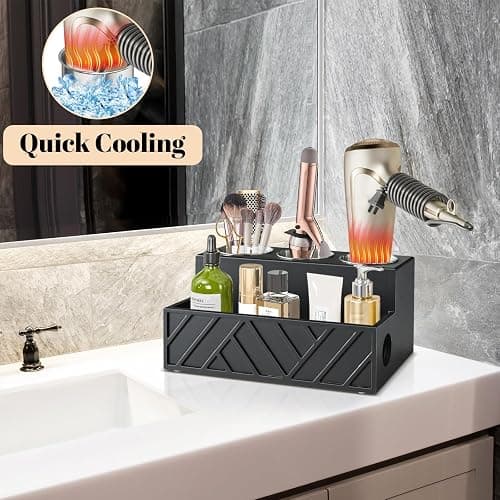 Unistyle Hair Tool Organizer, Wall Mounted, Bathroom Countertop, Vanity Organizer, Black, Wooden, Rectangular, Rustic, Art, 7.1 x 5.3 x 5.3 Inches, Paulownia Wood & Stainless Steel, 1.87 Pounds thumbnail 4
