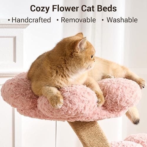 Kicari Aesthetic Flower Cat Tree Tower with Scratching Post for Indoor Cats, 37" H Modern Cat Tree with Wood Sculpted Branch, Flower Cat Beds, Mushroom Scratcher & Interactive Squeaky Toy, Pink thumbnail 4