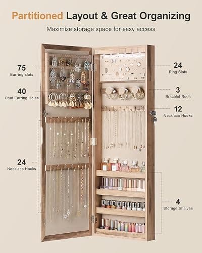 Nicetree 6 LEDs Mirror Jewelry Cabinet, Large Capacity Lockable Jewelry Armoire Organizer, Door or Wall Mounted Mirror with Jewelry Storage, Oak thumbnail 4