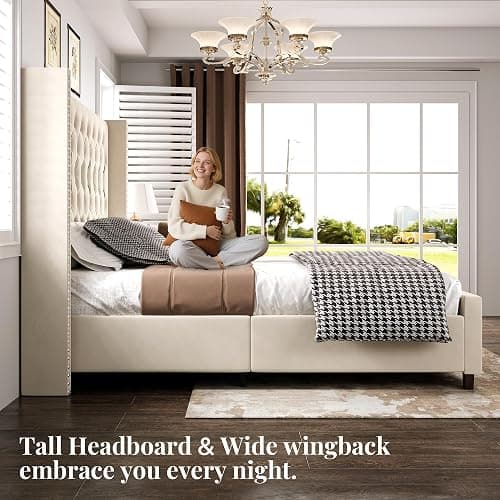 PaPaJet Queen Size Bed Frame with 61.4" Tall Headboard, Velvet Modern Upholstered Tufted Bed for Adults, Handmade Deep Button Tufting, Solid Wood Legs, No Box Spring Required, Cream thumbnail 5