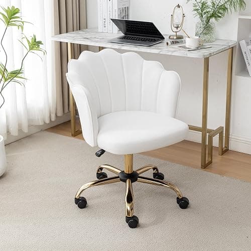 DRKAT Swivel Office Chair, Modern Home Office Desk Chair, Velvet Shell Back Vanity Chair with Golden Metal Base, Height Adjustable Upholstered Cute Task Chair, Ivory - Image 1
