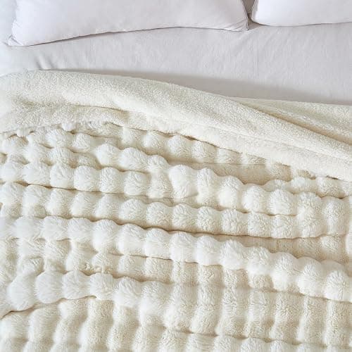 Serenhom 50x60 Inches Ultra-Soft Fuzzy Faux Fur Plush Throw Blanket - Thick, Warm Sherpa for Couch, Sofa, Bedroom, Camping - Decorative Blanket for Cozy Warmth, Bubble Ivory White thumbnail 5
