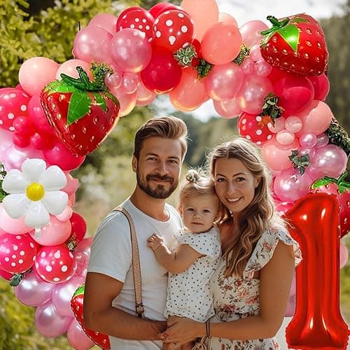 Strawberry Balloon Garland Berry First Birthday Party Decorations Pink Red Balloon Arch Ideal for Berry Sweet Themed Celebrations, Sweet Girl Baby Showers，Strawberry and Pastel Daisy Party Supplies thumbnail 3