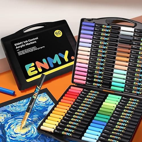 ENMY 60 Colors Acrylic Paint Markers, Direct Liquid Acrylic Paint Marker Pen, Fabric Markers for Textile, Canvas, Rock, Glass, Wood, Paper, DIY, Acrylic Coloring Pens for DIY Craft Supplies - 60-Color