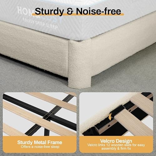 Queen Size Boucle Bed Frame, Modern Cream Bed Frame with Headboard, Soft Rounded Corners, No Box Spring Required, Adjustable Headboard, Easy Assembly thumbnail 6