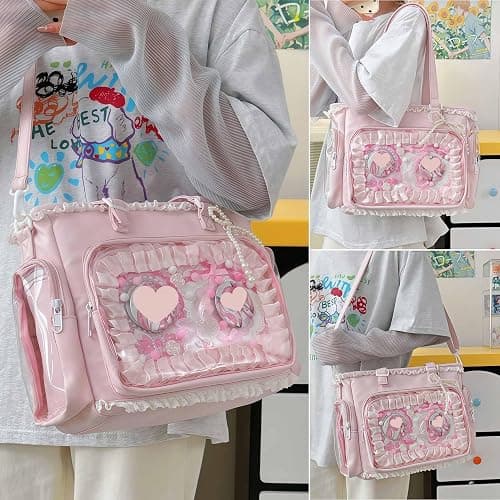 JIABAOZ Ita Bag Umhängetasche Damen, Pin Display Tasche mit Einsatz und Transparentem Sichtfenster, Kawaii Y2K Schultertasche mit Rüschen und Reißverschluss, Anime Messenger Bag thumbnail 2