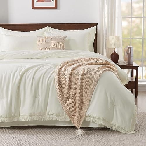 Andency Ivory King Size Comforter Set with Sheets - 7 Pieces Boho Tassel Bed in a Bag Soft Lightweight Bedding Sets, Ivory Fringe Bed Set with Comforter, Sheets, Pillowcases & Shams thumbnail 2