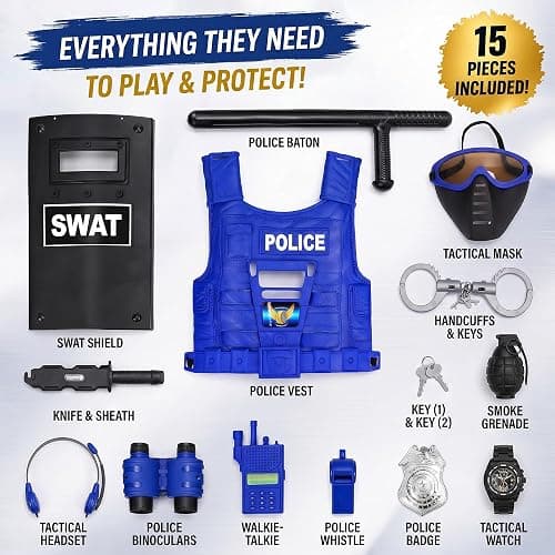 Ultimate All-in-One Kids Police Role Play Toy Kit - 15-Piece Policeman Pretend Play Set for Kids - SWAT Accessories for Dress Up Costumes - Badge, Shield, Vest, Handcuffs Included thumbnail 4