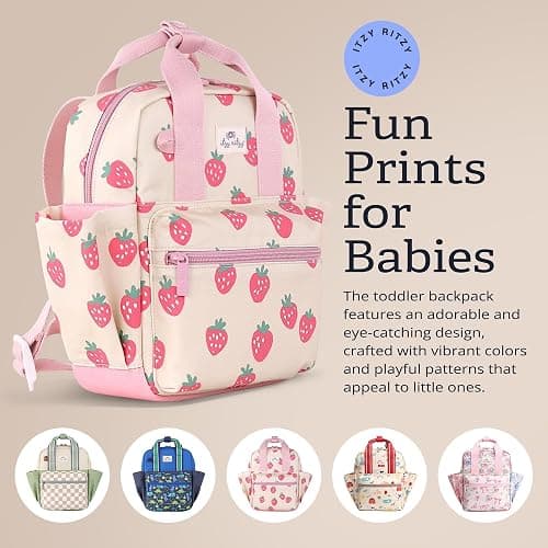 Itzy Ritzy Toddler Backpack - Daycare Bag - Features Adjustable Shoulder Straps, 2 Side Pockets & Spacious Interior with Wipeable Fabric Lining & Name Label, Strawberry Backpack thumbnail 6