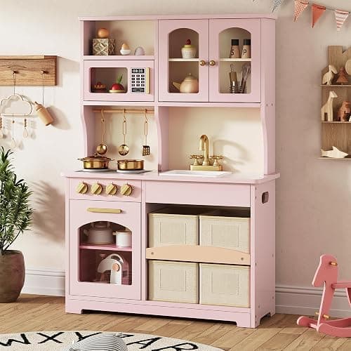 knoworld Play Kitchen for Kids, Wooden Toy Kitchen Set with Smart Storage & Accessories, Toddler Kitchen Playset with Stove & Oven, Pretend Play Set, Gift for Ages 3+, Pink - Image 1