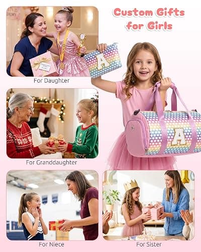 Vogewood Girl Initial Sparkly Dance Duffle Bag, Birthday Gift for Daughter | Overnight Travel Bag with Makeup Pouch & Wet Dry Pocket, Gymnastics Bag with Shoe Compartment,Niece Birthday Gift Ideas thumbnail 2