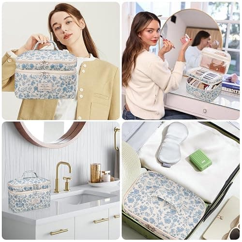 Makeup bag, Large Cosmetic Bag for Women Girls, Cute Quilted Makeup Bags, Floral Coquette Aesthetic Toiletry Bag, Travel Make Up Organizer Bag (Blue Flowers) thumbnail 6