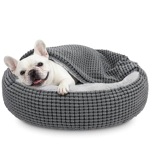 SIWA MARY Dog Bed with Attached Blanket for Small Dogs or Cats, Soft Plush Cozy Donut Cuddler Hooded Pet Beds Washable. Round Puppy Bed Orthopedic, Calming Cat Cave Bed. Anti-Slip Bottom 26inch - Image 1