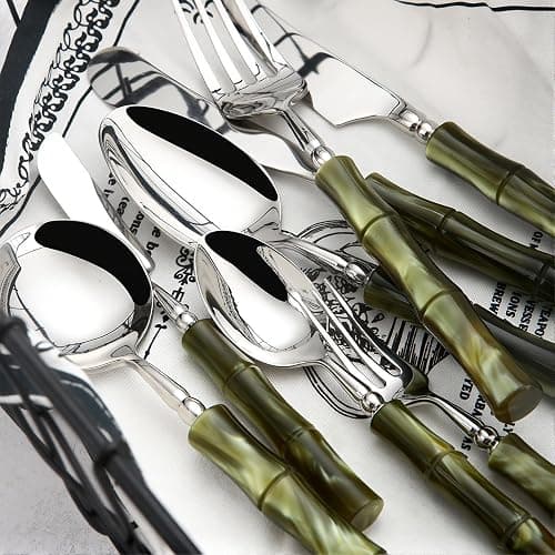 50 Piece Silverware Set Service for 10,Premium Bamboo Acrylic Handle Flatware Set Home Include Fork Knife Spoon Set Package for Christmas and Thanksgiving（Green） thumbnail 2