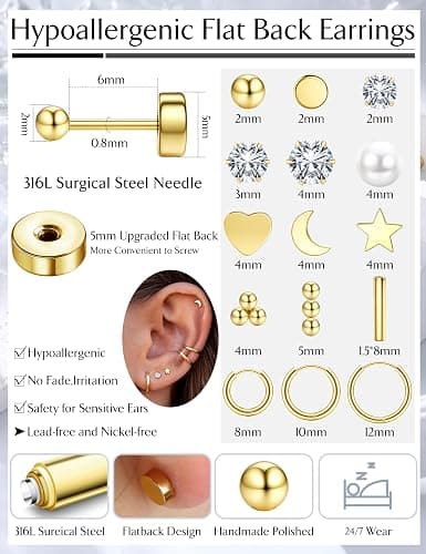 LOLIAS Small Hypoallergenic Flat Back Stud Earrings for Women Men 14K Gold Plated Surgical Stainless Steel Earring Sets Tiny Screw Back Cartilage Earrings for Sensitive Ears thumbnail 5