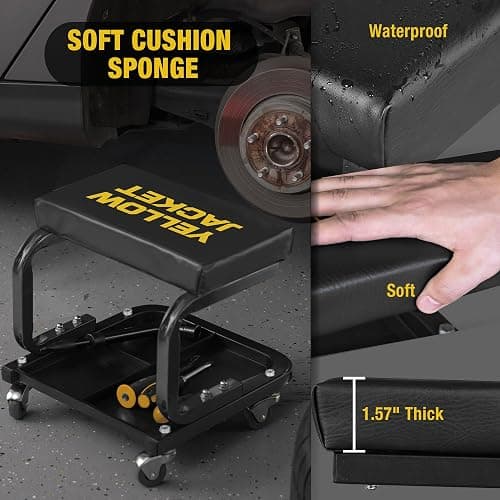 YELLOW JACKET Mechanic Rolling Stool 250 Lbs Capacity, Garage Stool on Wheels with Tool Tray Storage, Work Stools with Wheels for Garage, Shop, Mechanic Chair with Wheels, Auto Repair thumbnail 4