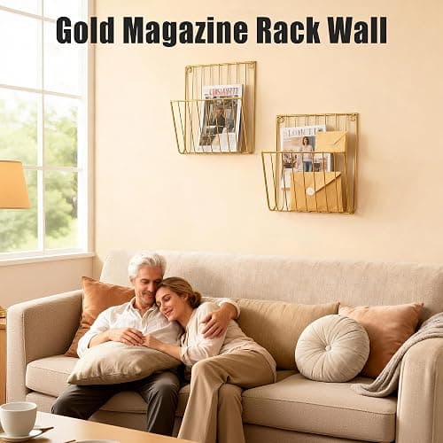 Pipigaty 2-Pack Wall Magazine Rack, Gold Metal Mail and File Organizer | Durable gold metal rack holds magazines and mail while adding a modern accent to offices, bathrooms and living rooms thumbnail 6