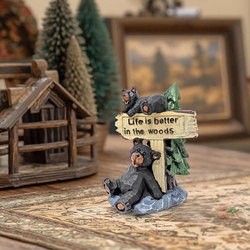 Black Bears with “Life Is Better in the Woods” Sign Figurine – Resin Woodland Wildlife Sculpture with Pine Tree and Rock Base, Rustic Cabin & Lodge Tabletop Decor, Nature-Inspired Gift for Bear Lovers thumbnail 5