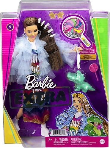 Barbie Extra Doll #9 in Blue Ruffled Jacket with Pet Crocodile, Long Brunette Hair, Bling Hair Clips, Gift for Kids 3Y+, GYJ78 thumbnail 7