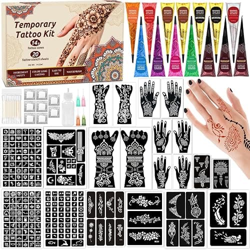 Temporary Tattoo Kit with 20 Sheets Stencils, 14 Ink Colors & Accessories | DIY Body Art Set with Mixing Bottles, Cotton Swabs and Gloves for Festivals, Parties, Makeup and Creative Designs - Image 1