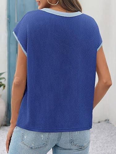 Tankaneo Womens Summer Color Block T-Shirts Cap Sleeve Textured Ribbed Knit Tees Casual Ringer Crew Neck Loose Fit Tops thumbnail 6