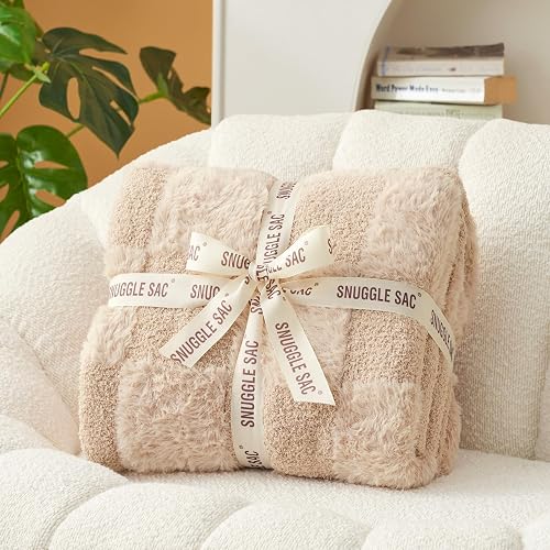 Snuggle Sac Checkered Throw Blanket Faux Fur Microfiber Blankets for Couch,Cozy Soft Warm Blanket for Sofa Bedroom Living Room,Solid Beige,50x60 inches thumbnail 3