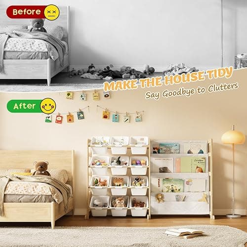 EXPERLAM Toy Storage Organizer with Bookshelf, Kids Toy Organizer and Storage Shelf with 12 White Bins, Solid Pine Wood Book Rack for Playroom, Nursery, Kids Room, Toys and Books thumbnail 8
