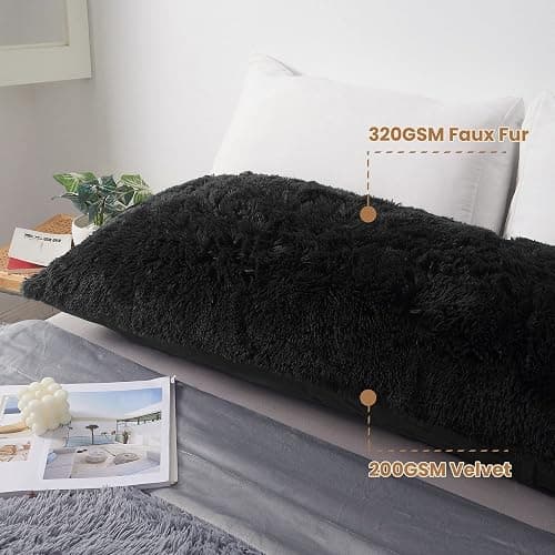 MEGO Luxury Fluffy Body Pillow Cover, 20x54 Shaggy Faux Fur Body Pillow Case, Black Soft Plush Fuzzy Body Pillowcase, Decorative Furry Long Bed Pillow with Zipper Closure Hug Pillow for Bedroom Black thumbnail 5