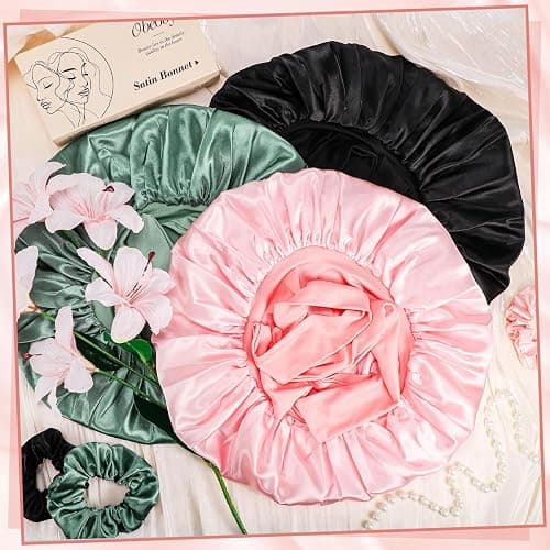 Double-Layer Satin Silk Sleep Bonnet for Women with Adjustable Tie Band - Hair Protection for Curly Natural Wavy Hair - Includes 1 Free Silk Hair Scrunchies, Pink Birthday Mothers Day Gifts thumbnail 7