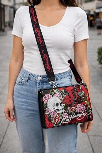 ED HARDY Women’s Tattoo Print Crossbody Bag – Floral Skull Graphic Shoulder Bag with Adjustable Strap thumbnail 2