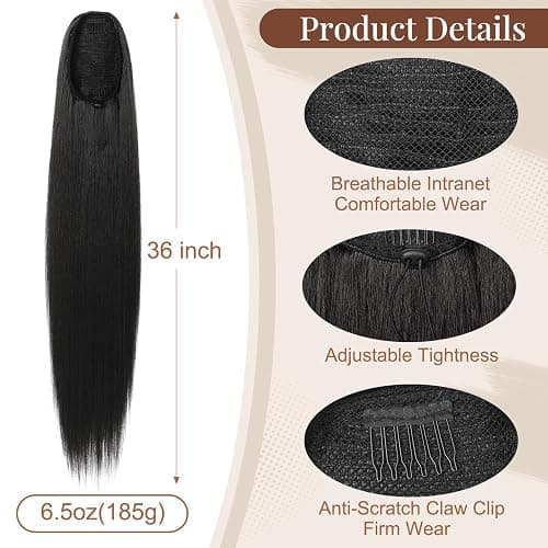 Flufymooz ponytail extension, 36 Inch Long Straight Drawstring Ponytail Synthetic Hairpieces Fake Pony Tails Natural Soft Clip in Hair Extension ponytail for Women (Natural Black) thumbnail 3