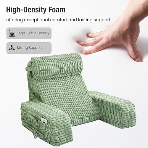 Selectico 19" Reading Pillow for Bed with Built-in Arms & Large Pockets, Supportive Backrest Cushion for Reading, Resting, or Reclining, Washable Cover – Sage Green thumbnail 7