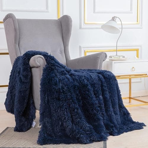 YUSOKI Long Faux Fur Twin Size Blanket,2 Layers,3.4lb for Bed Couch Home Décor Gifts Men (Navy Blue,60" x 80") thumbnail 3