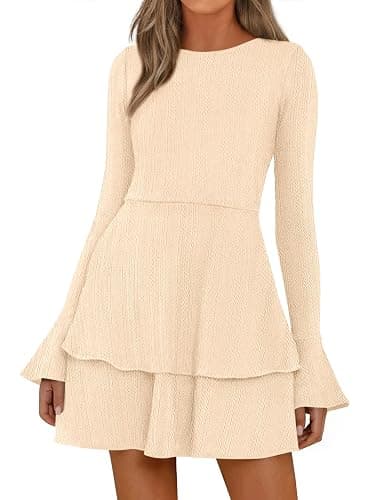 PRETTYGARDEN Womens Fall Fashion 2025 Long Bell Sleeve Mini Sweater Dress Casual Crewneck A Line Knit Short Cocktail Dresses - Image 1