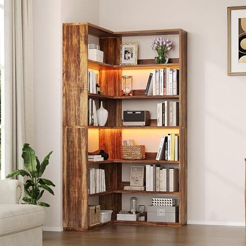 4 EVER WINNER Corner Bookshelf, 6 Tier Bookcase with LED Light and Storage, Industrial Tall Bookshelf Etagere Bookcase, 71” Corner Book Shelf with Storage Display Rack with Baffles for Home Office thumbnail 7